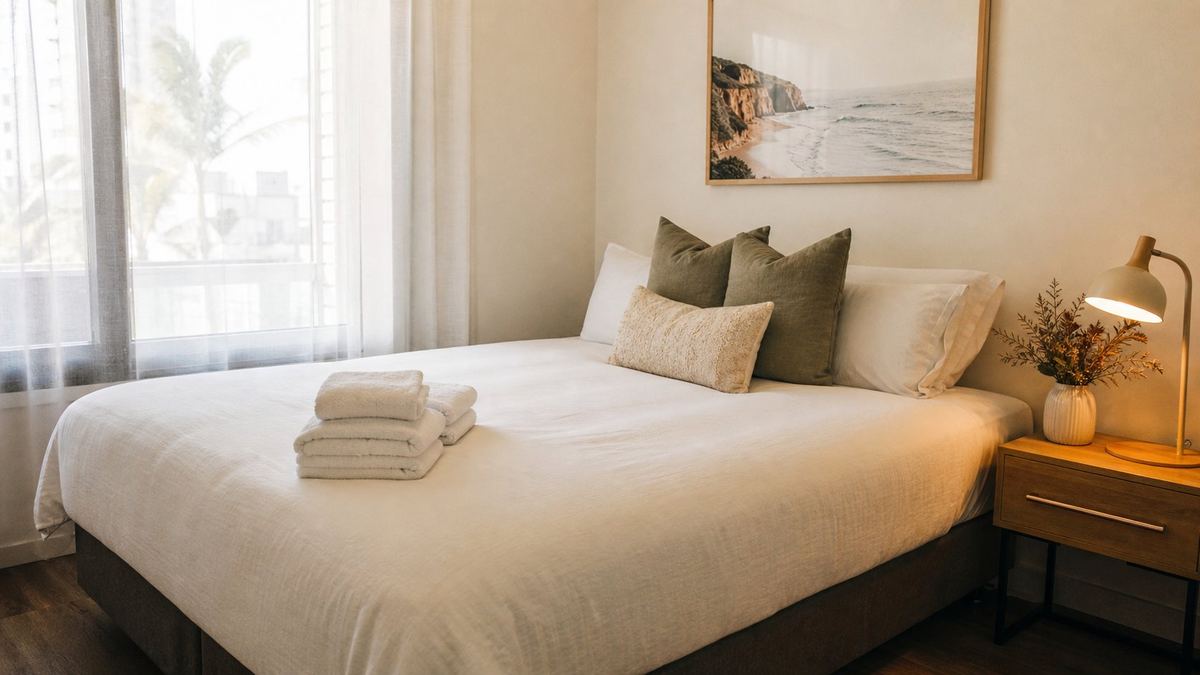 Short-stay apartment bedroom freshly turned over with crisp white linen and folded towels