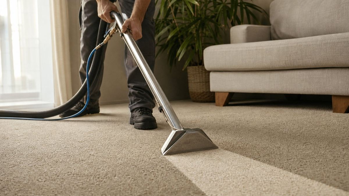 Carpet cleaning wand leaving a clean stripe across a Canberra lounge room carpet