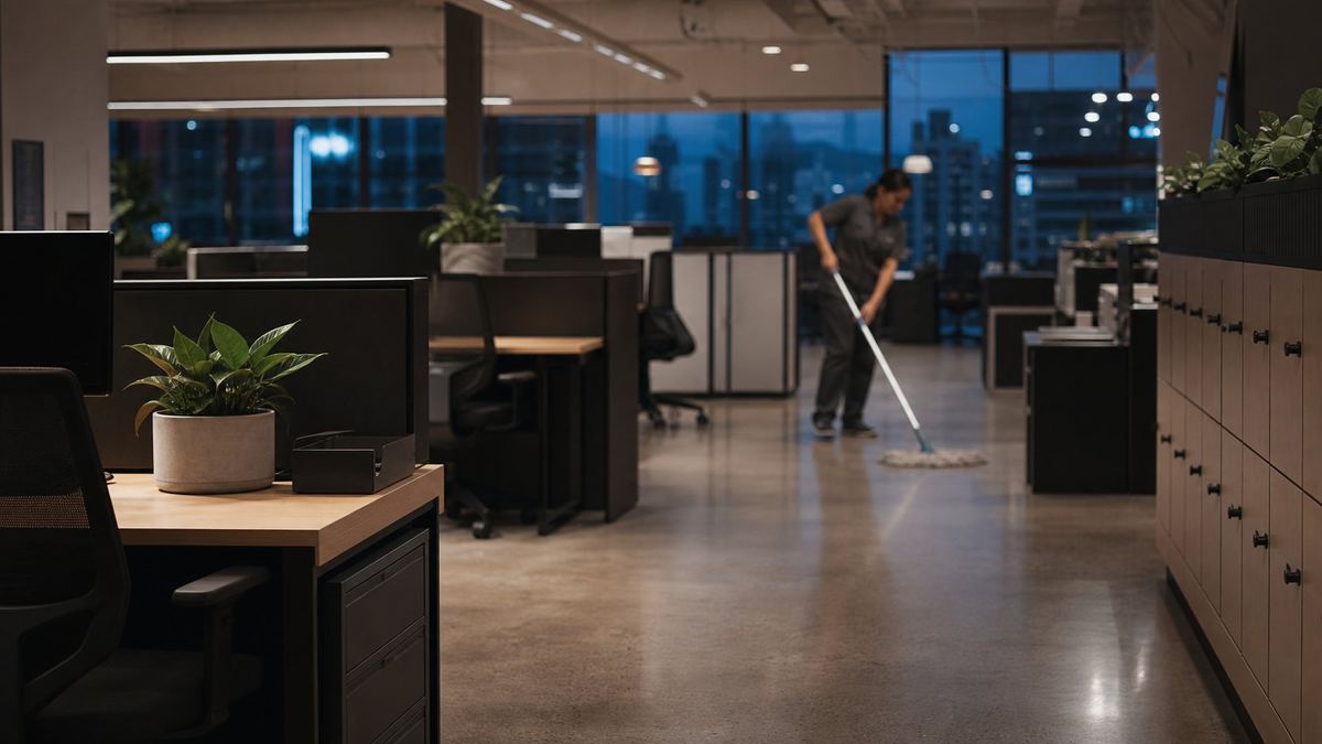 Modern open-plan Canberra office being cleaned after hours