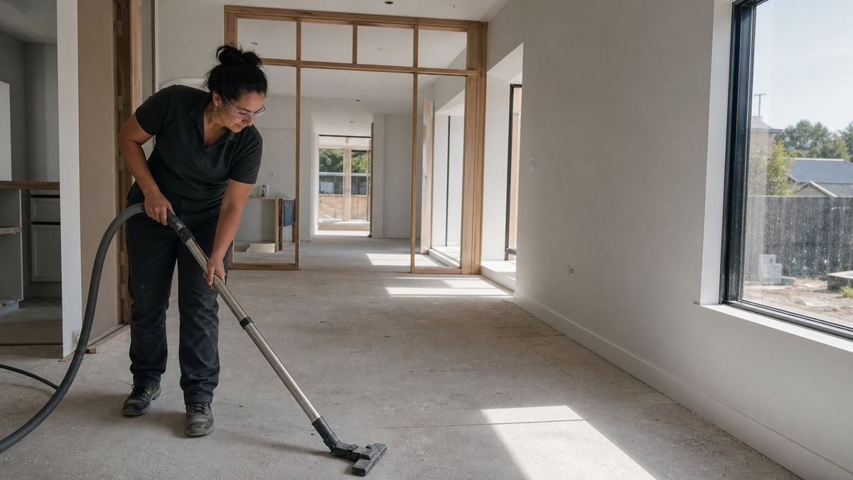 Cleaner vacuuming plaster dust in a newly built Canberra house at handover stage