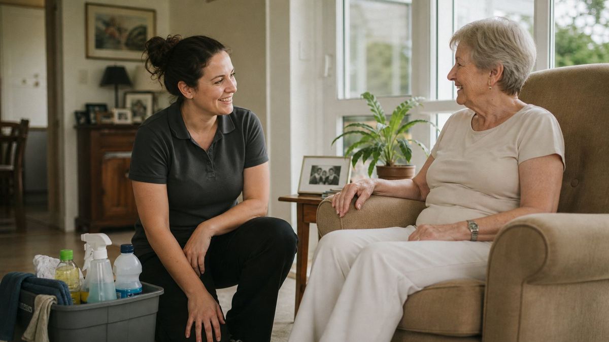 Friendly support cleaner chatting warmly with an older resident in a bright living room