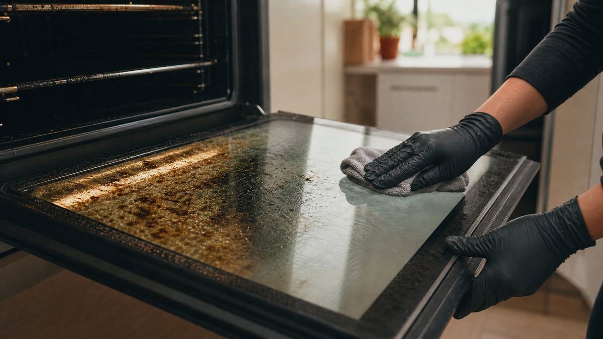 Cleaner degreasing an oven door, half spotless and half with baked-on grease