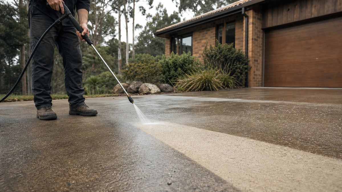Pressure washer revealing a clean stripe across a grimy concrete driveway