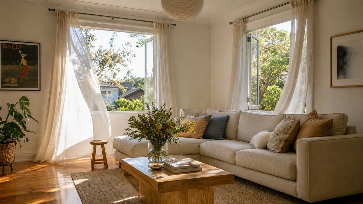 Bright freshly deep-cleaned Canberra living room with sunlight through open windows