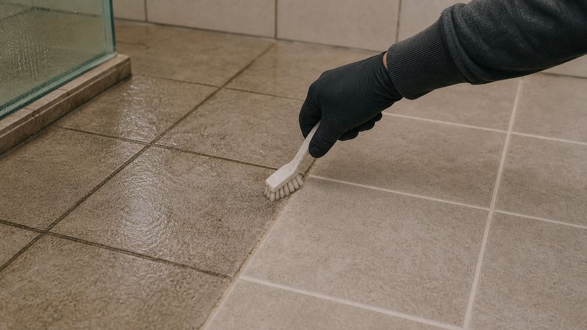 Gloved hand scrubbing bathroom grout, half stained and half restored bright