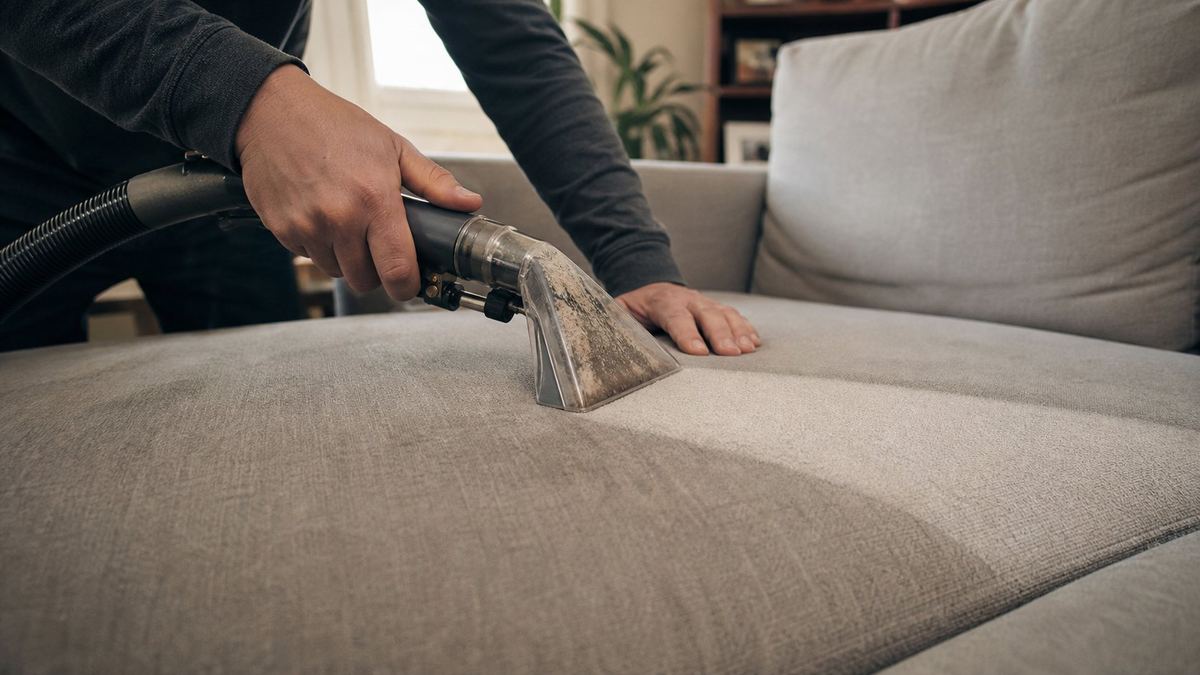 Upholstery tool lifting dirt from a grey fabric sofa cushion