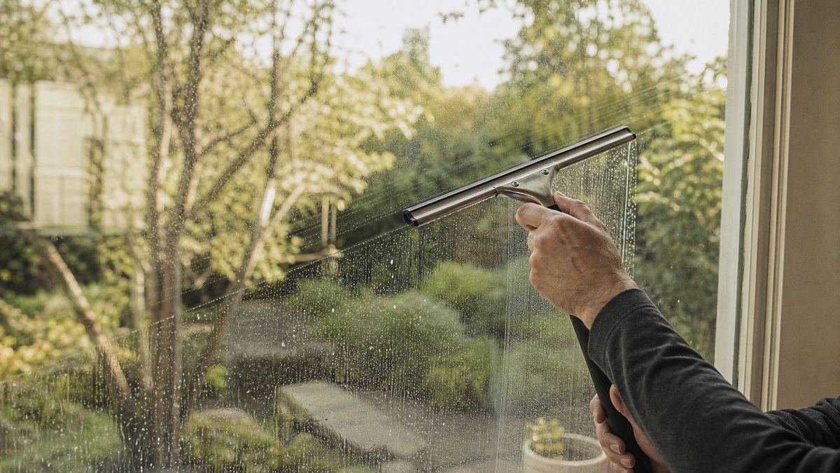 Squeegee leaving a clean stripe across a large window in a Canberra home